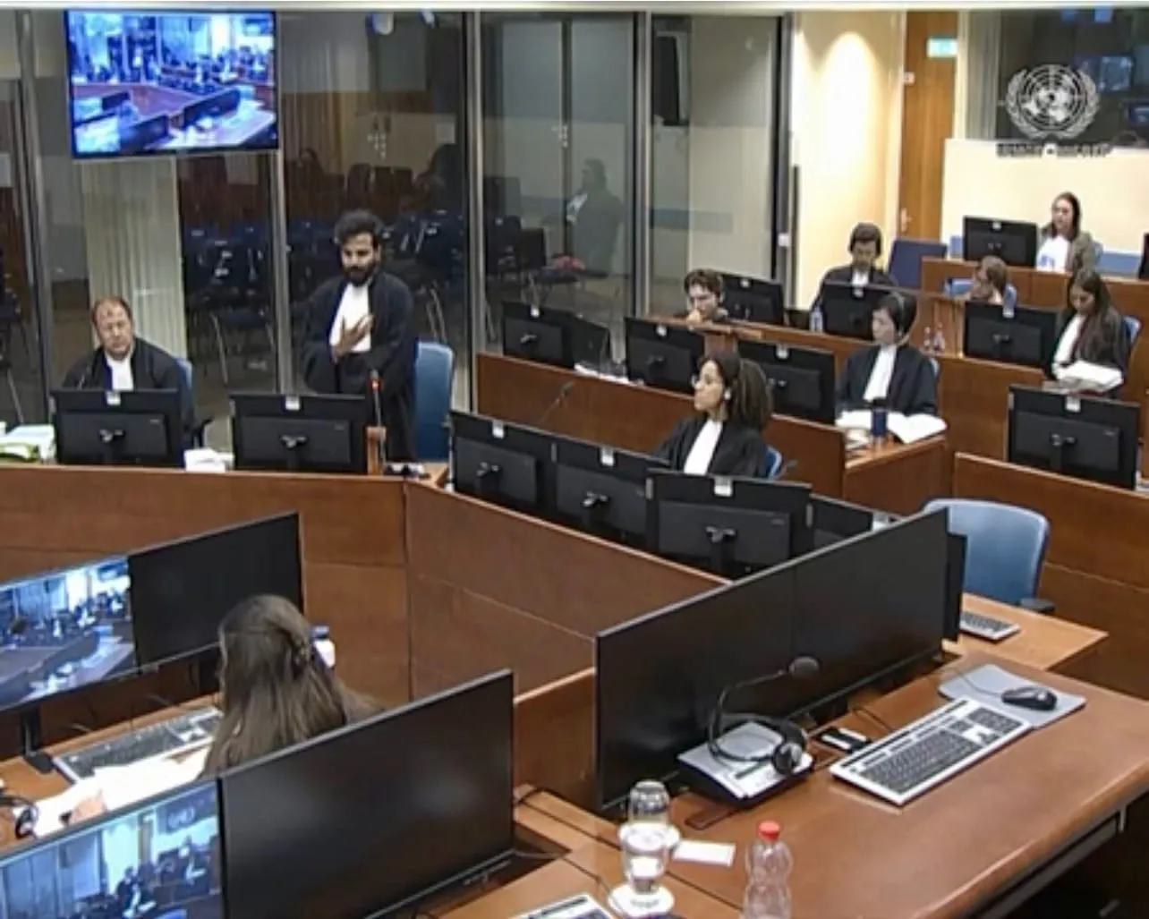 Wide view of the IRMCT courtroom with Farhaan Ahmed making submissions during the 2023 Mock Trial and Training