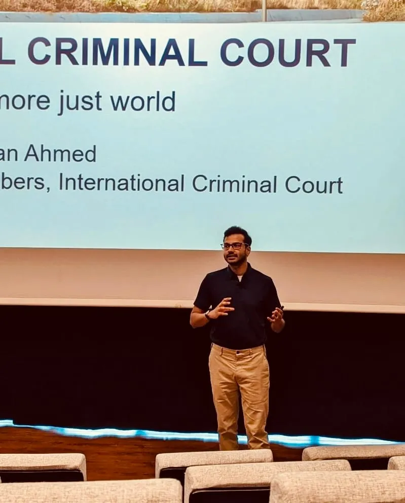 Farhaan Ahmed speaking on the International Criminal Court to students at BRAC University School of Law, Dhaka
